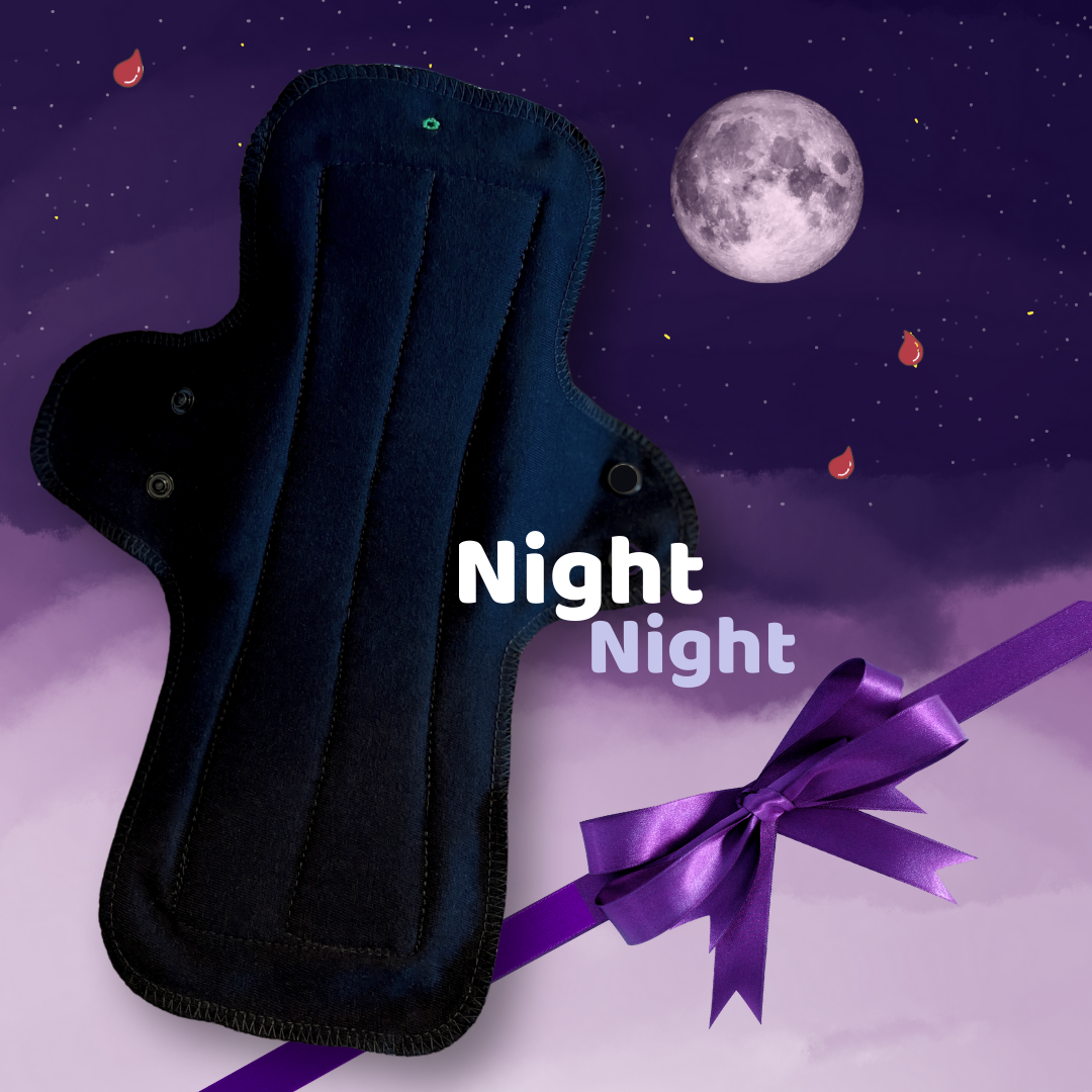 Black night menstrual pad displayed with moon and stars, designed for overnight flow