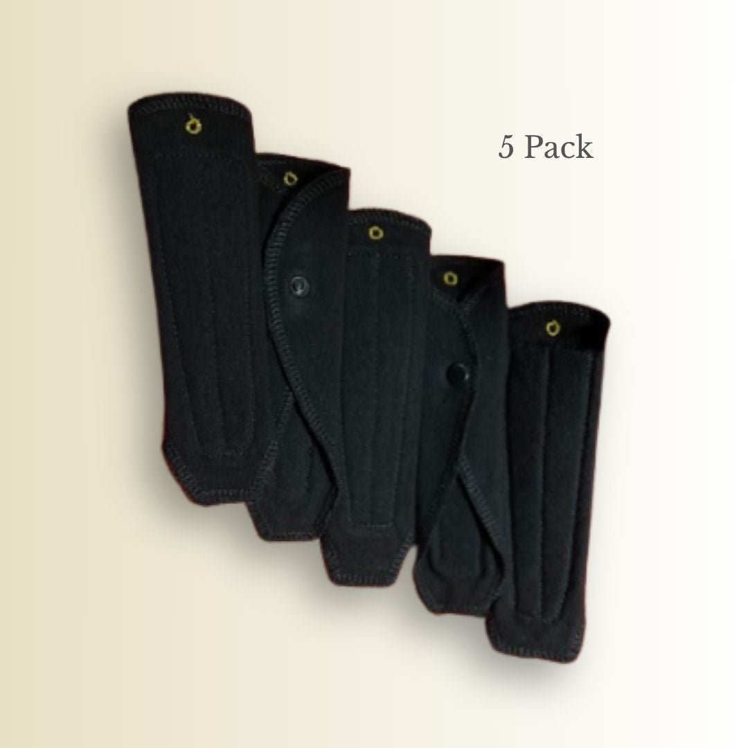 5-pack of black thong panty liners for spotting, reusable and soft