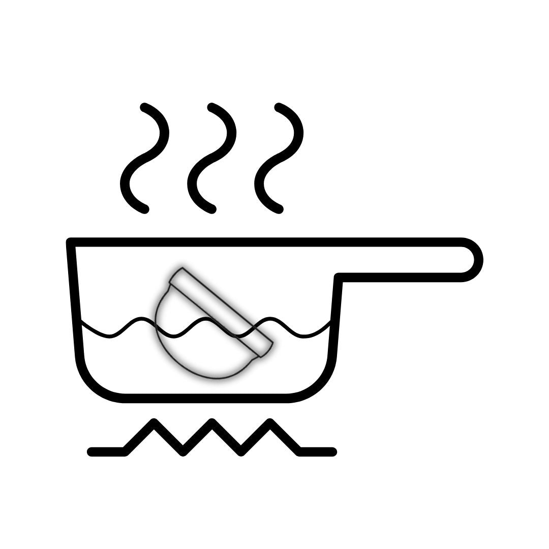 Illustration of a menstrual disc being sanitized in boiling water on the stove for first-time use.
