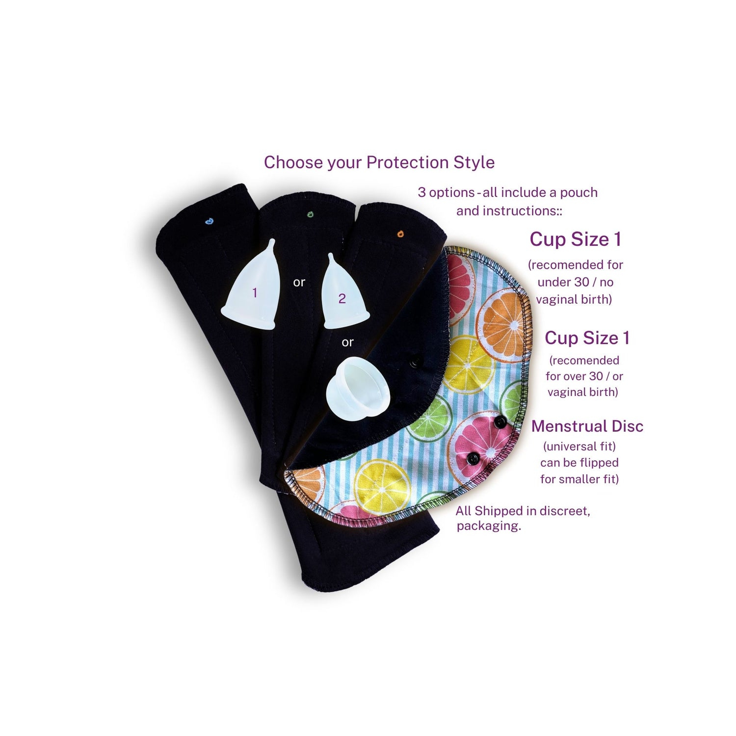 Bundle of menstrual cup, menstrual disc, and reusable cloth pads from Hume’s Period Care – eco-friendly, zero-waste period products