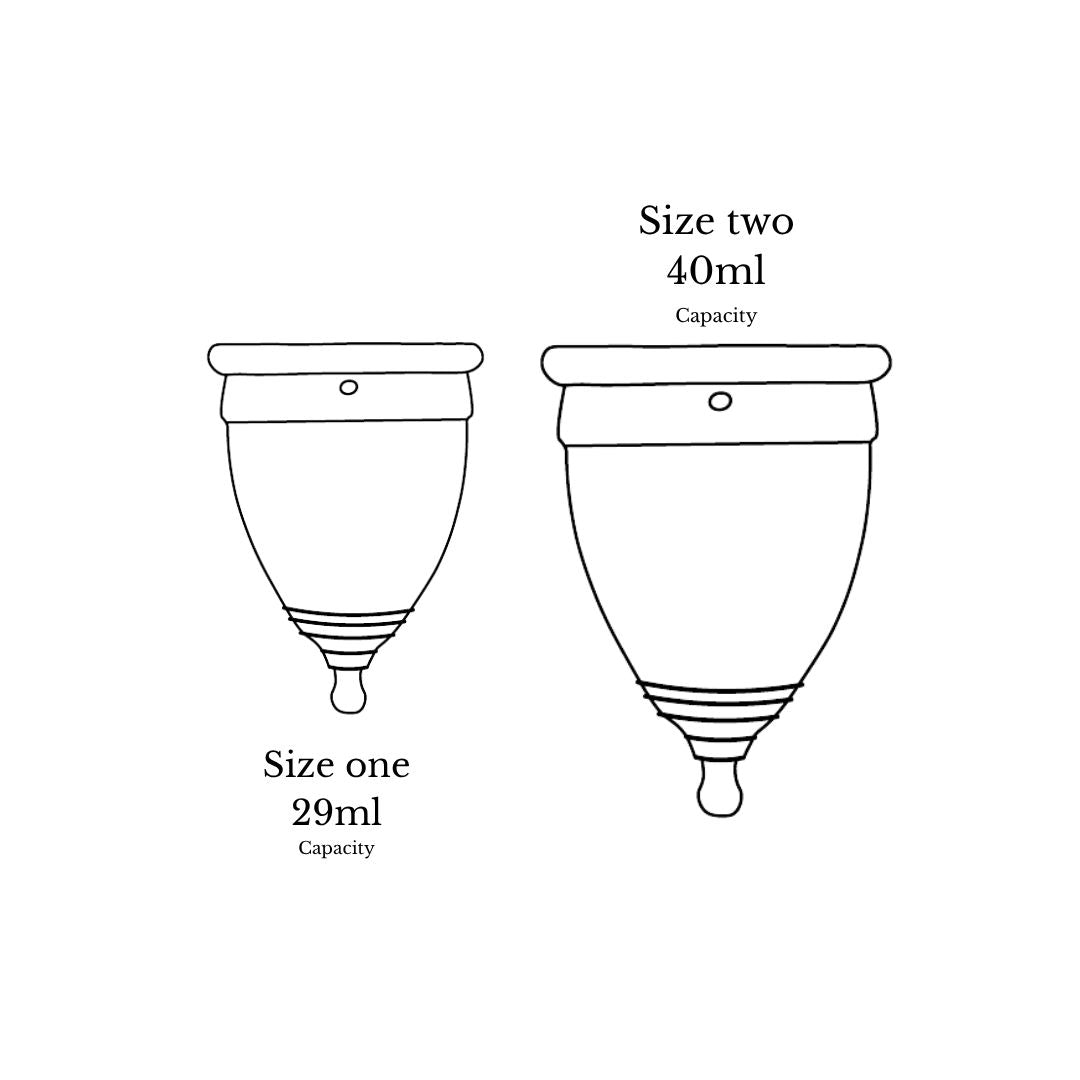Diagram comparing Hume’s Menstrual Cup Size 1 and Size 2 with 29ml and 40ml capacities