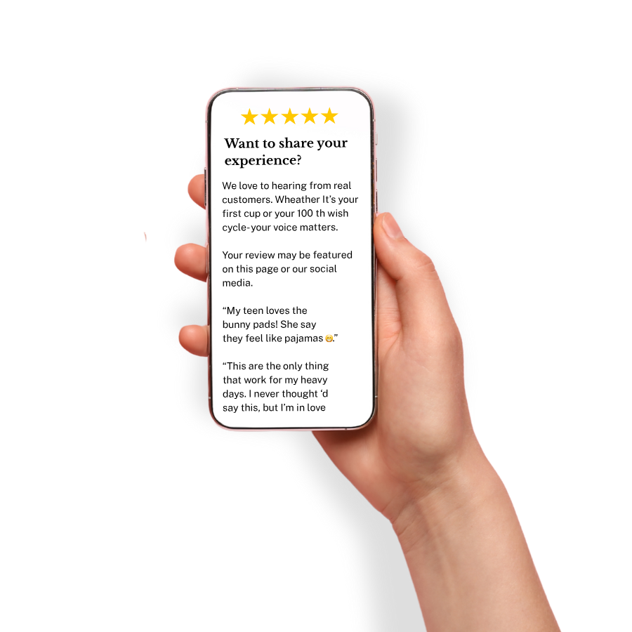 Customer holding a phone with 5-star Hume’s menstrual cup review
