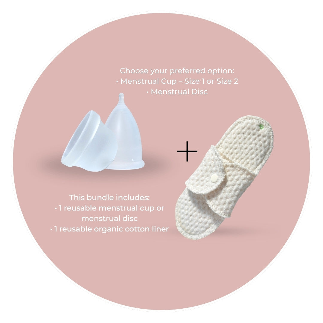 Reusable period starter bundle with menstrual cup or disc and organic cotton liner from Hume’s Period Care