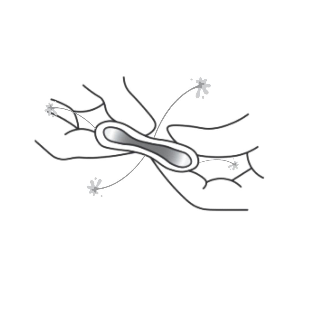Illustration of hands inspecting menstrual cup air holes for cleanliness and clogs