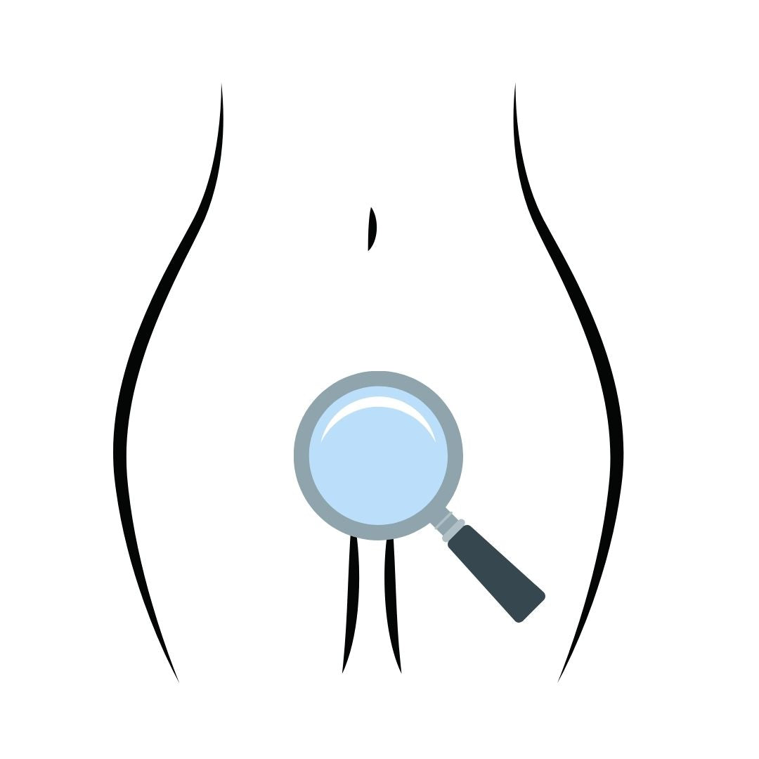 Illustration of pelvic area with magnifying glass, symbolizing checking before menstrual cup insertion