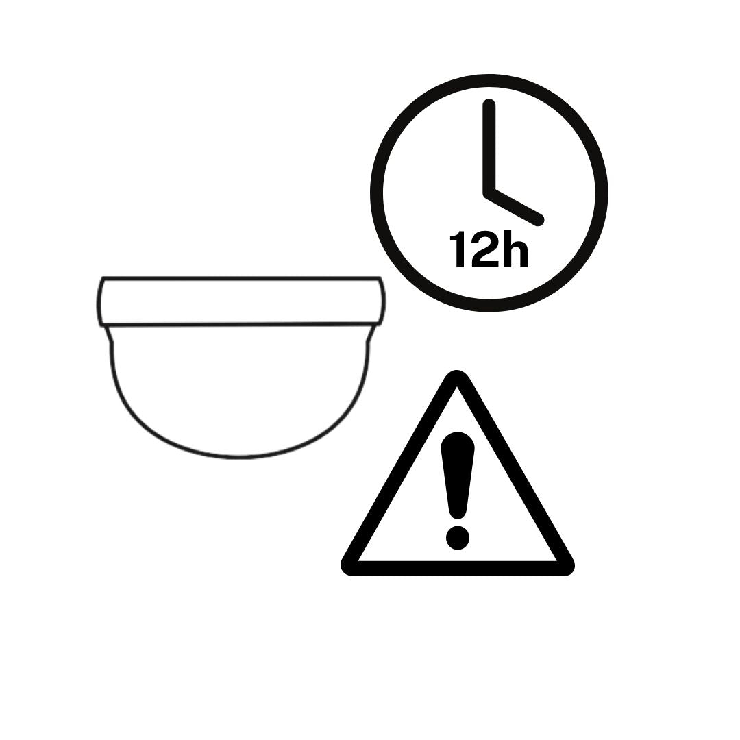 Black and white icon showing a menstrual disc, 12-hour clock, and warning sign to prevent Toxic Shock Syndrome (TSS) risk