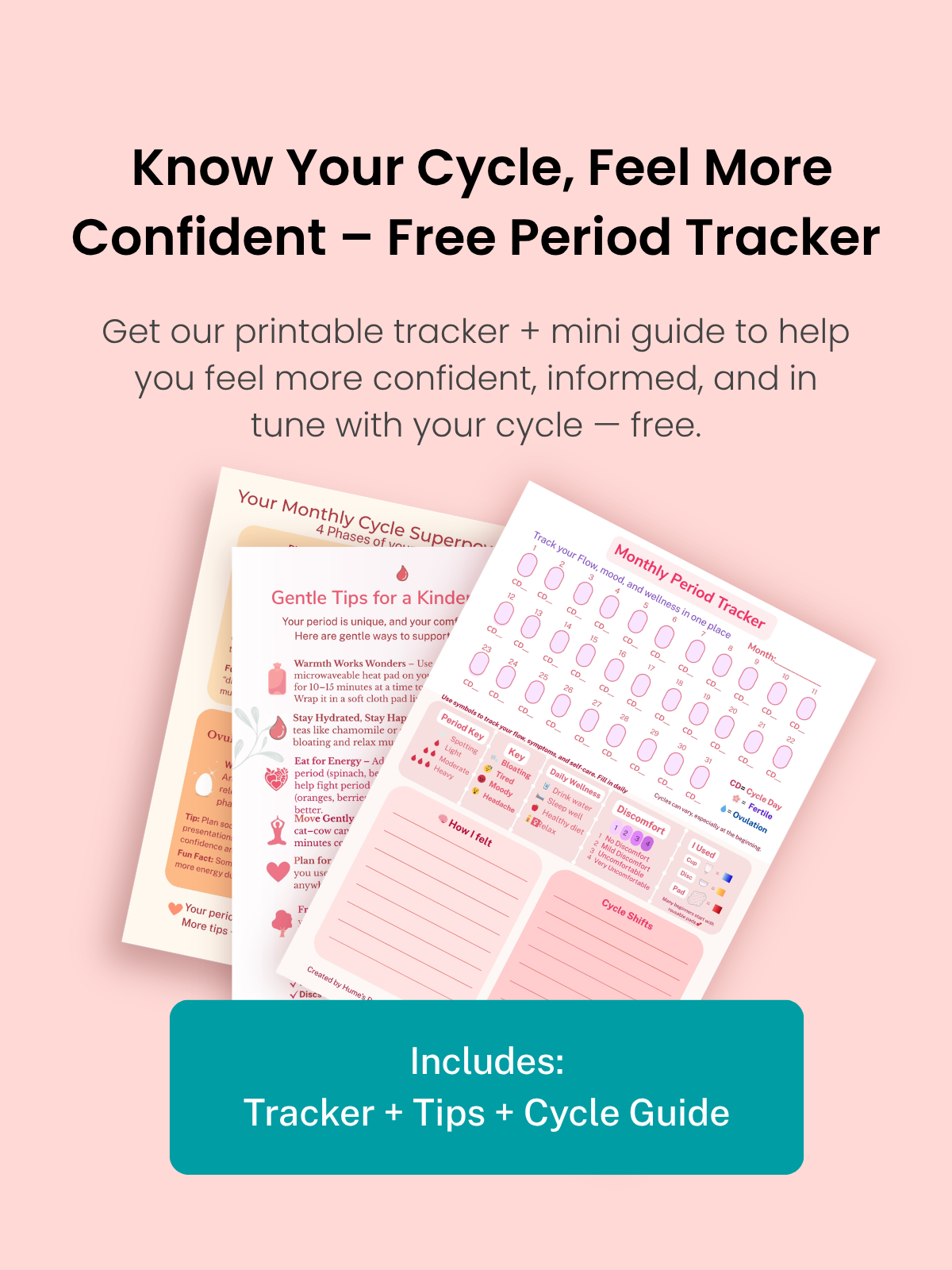 Free cvolor printable period tracker and cycle guide by Hume’s Period Care