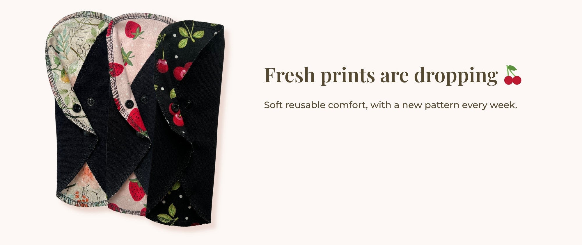 Homepage banner showing three reusable cloth pad patterns with text: “Fresh prints are dropping” and “Soft reusable comfort, with a new pattern every week” by Hume’s Period Care.