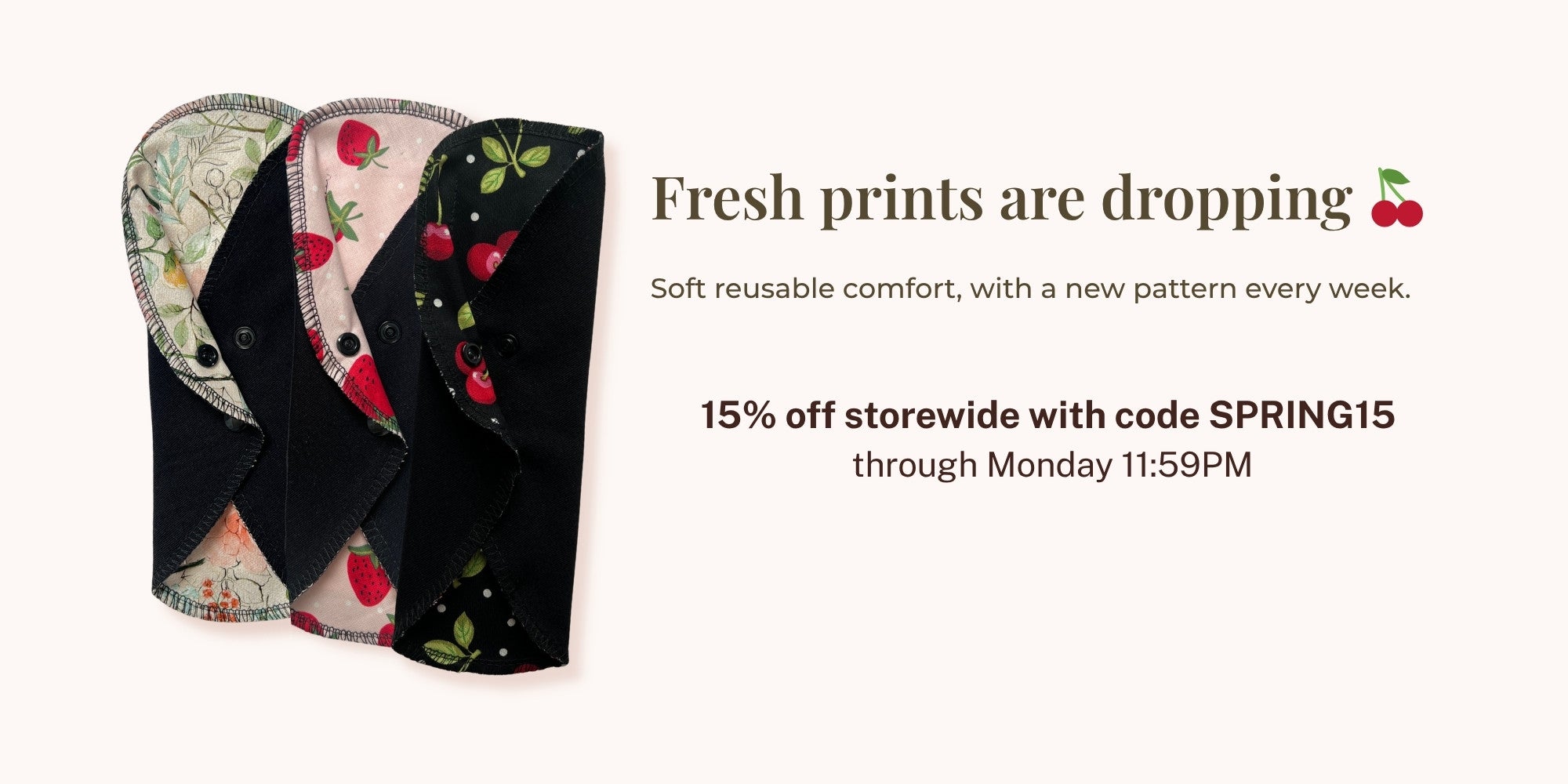 Reusable pads with floral patterns on a white background, promotional text overlay.