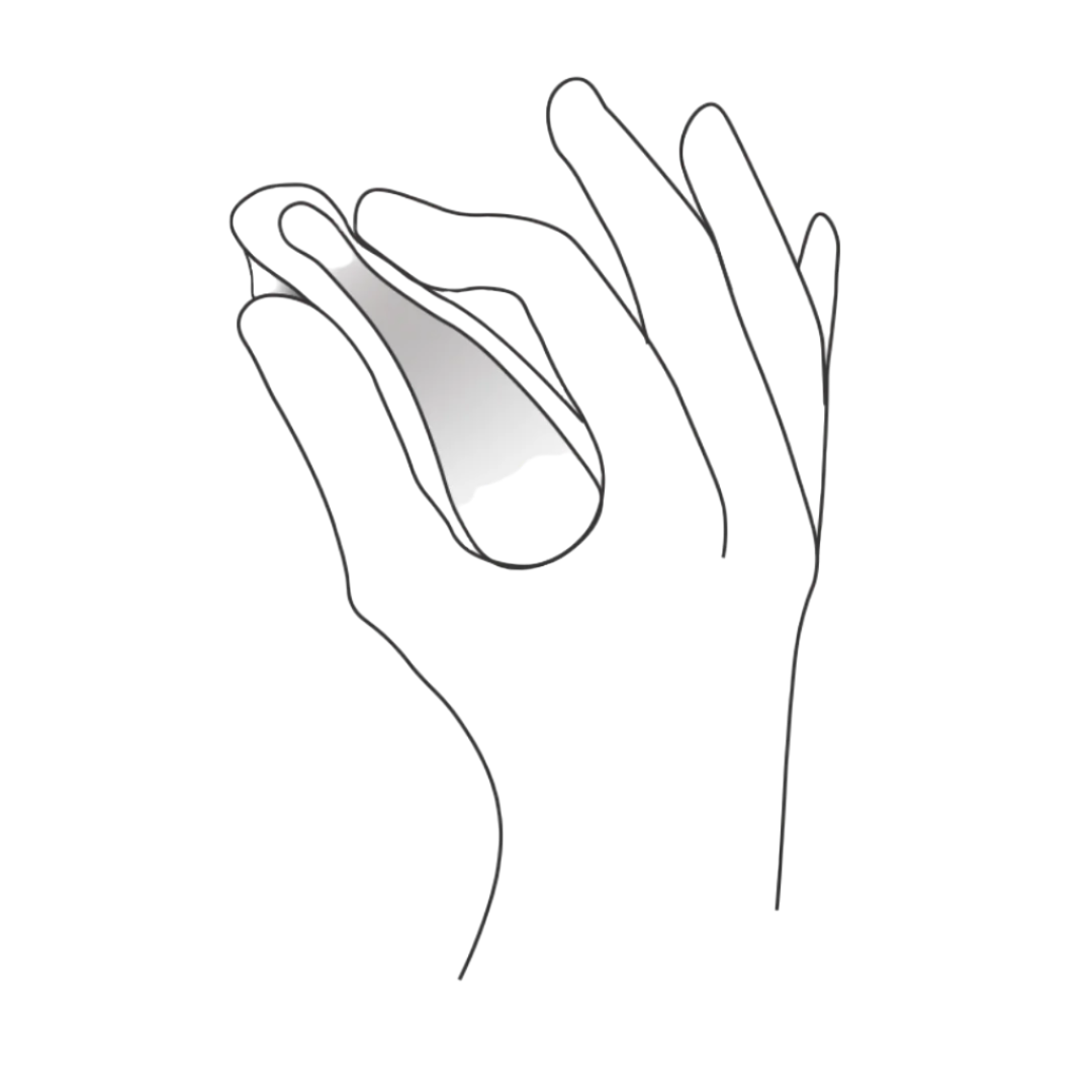 Illustration of hand pinching a menstrual disc into a teardrop shape for insertion