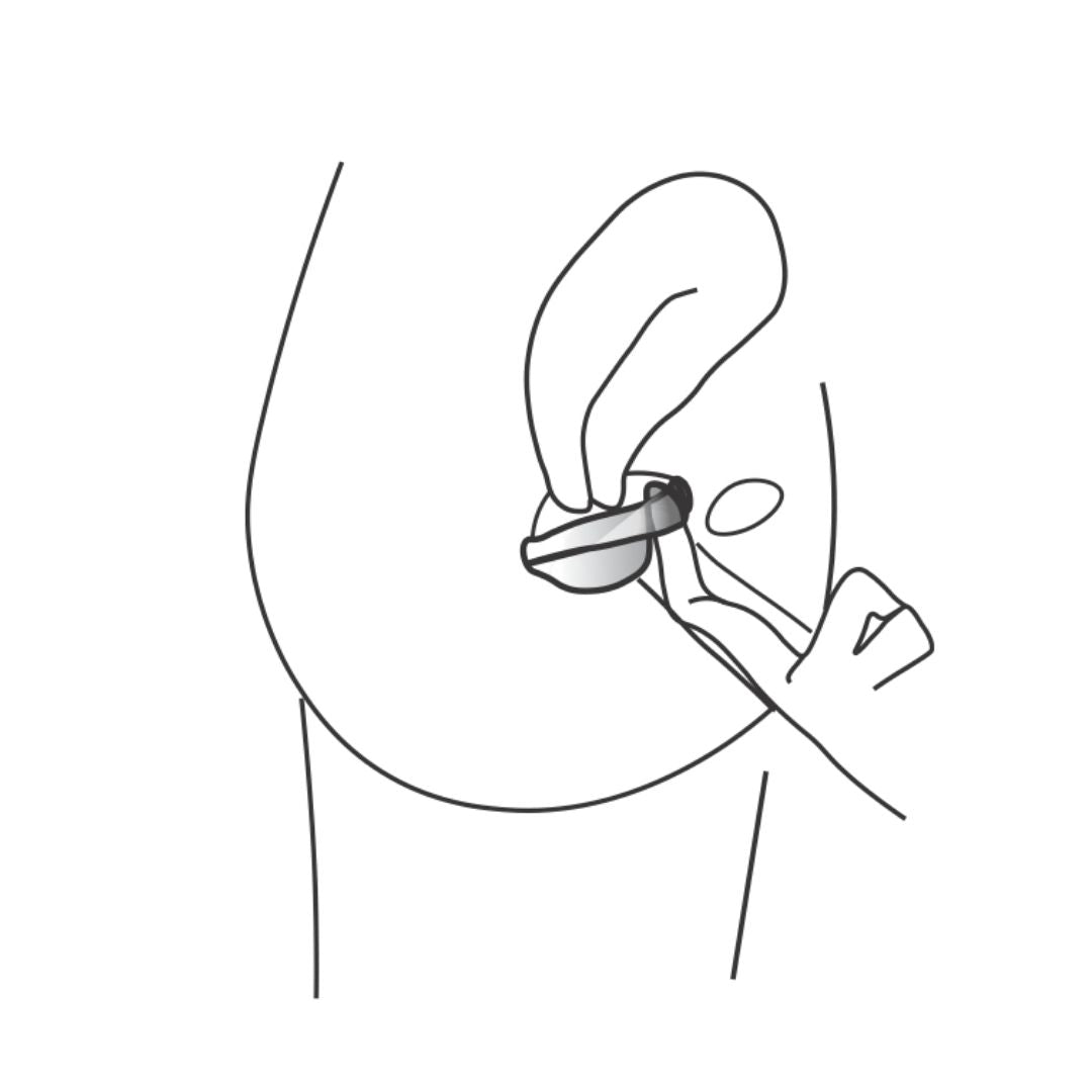 Illustration of a finger hooking under the rim of a menstrual disc inside the vaginal canal for safe removal