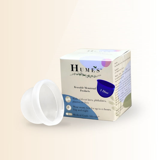 Hume’s reusable menstrual disc made with medical grade silicone, designed for leak protection and comfortable all-day wear
