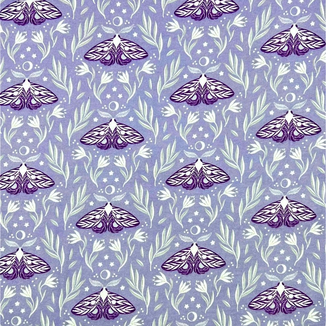 Close-up of moth print fabric used in Hume’s overnight reusable pad, showing detail and texture of eco-friendly materials.