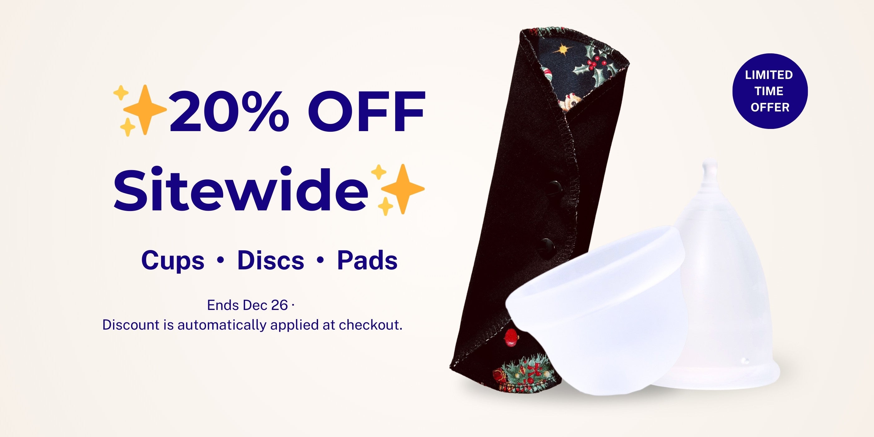 20% off sitewide winter sale banner from Hume’s Period Care featuring a menstrual cup, menstrual disc, and cloth pad; discount ends Dec 26 and is applied at checkout