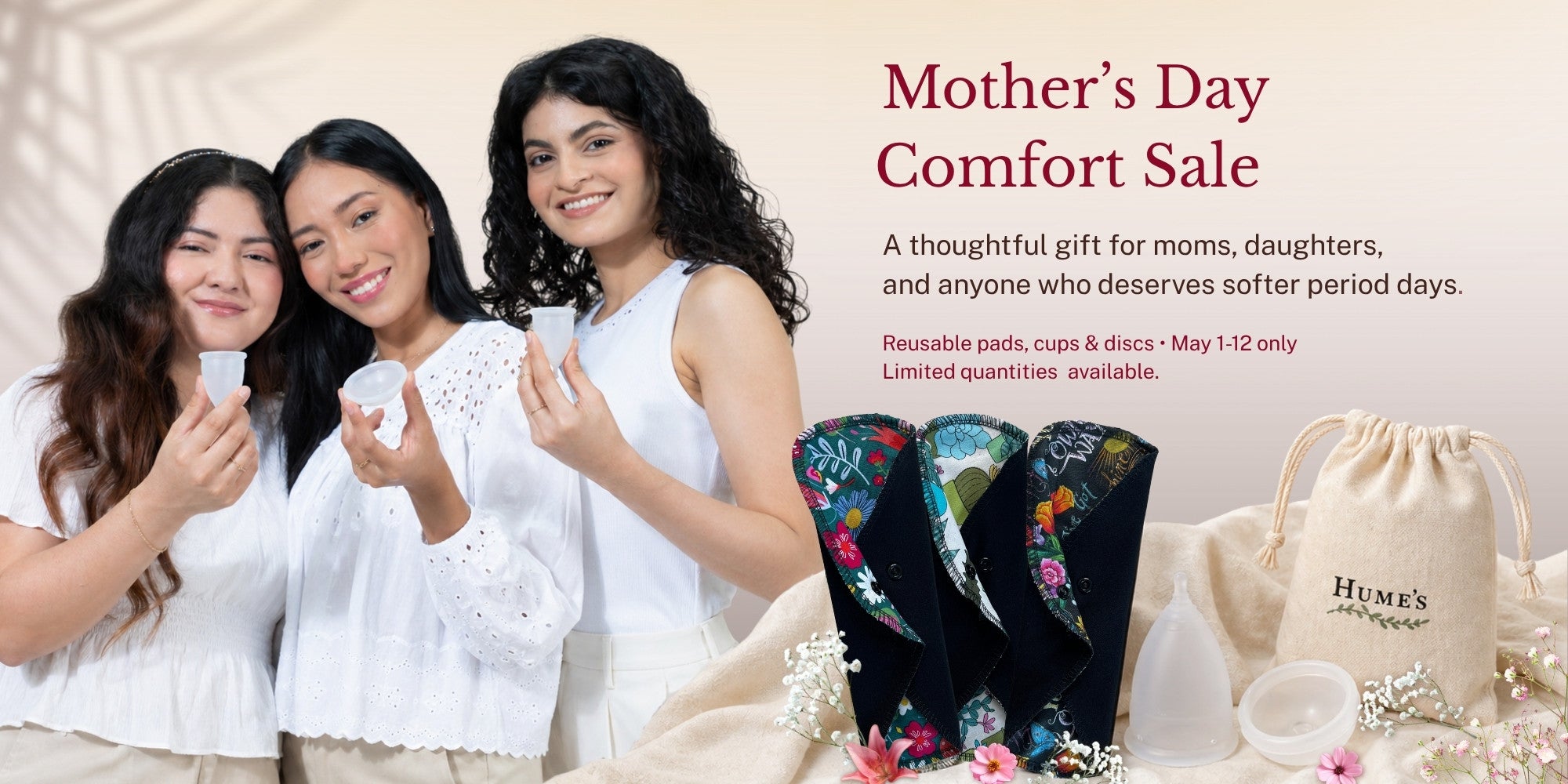 May reusable period care collection with cloth pads, menstrual cups, and menstrual discs from Hume’s Period Care.