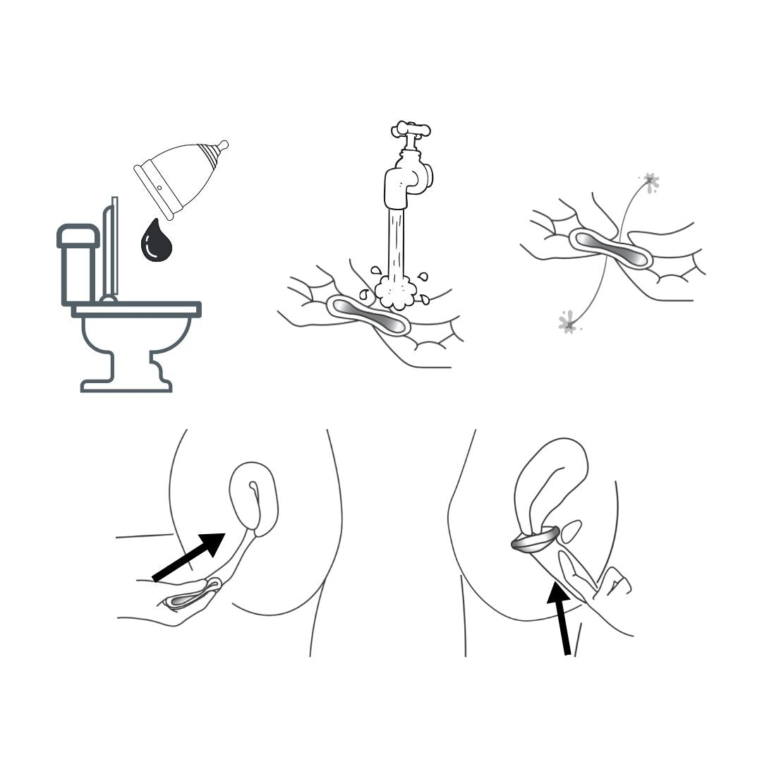 Illustration showing menstrual disc being emptied into the toilet, rinsed with water, cleaned, and reinserted into the vagina