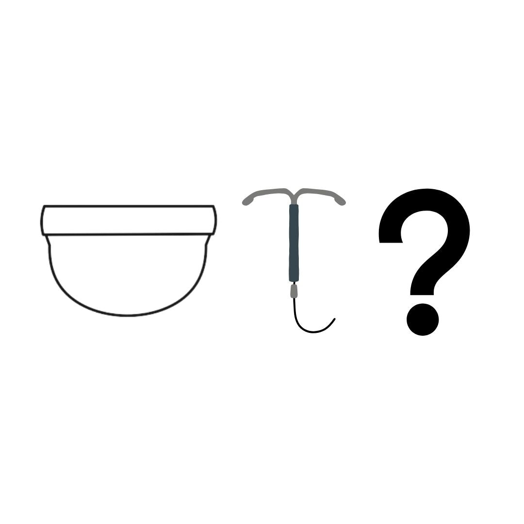 Illustration of menstrual disc next to an IUD and question mark, indicating consultation needed before use with intrauterine device.