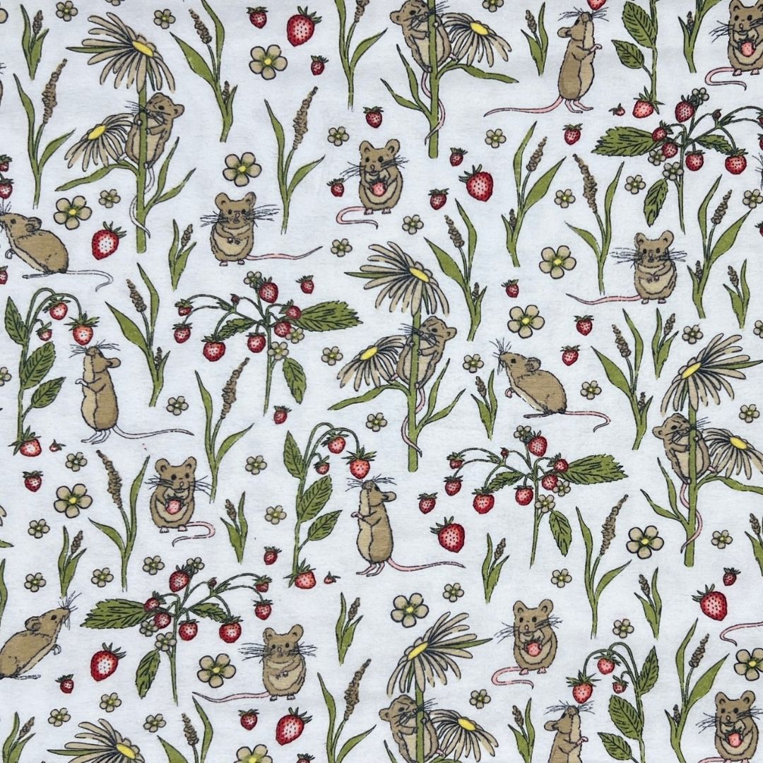 Close-up of mouse and strawberry fabric used in Hume’s reusable thong pads. Soft cotton print with botanical details.