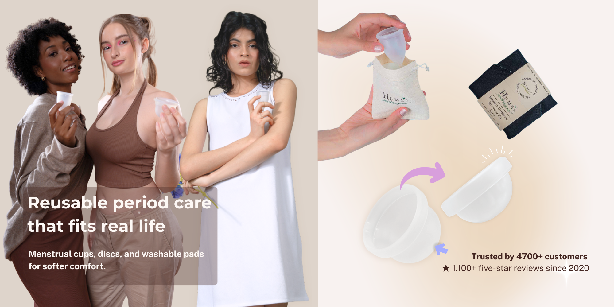 Reusable period care with menstrual cups, discs, and washable pads from Hume’s Period Care