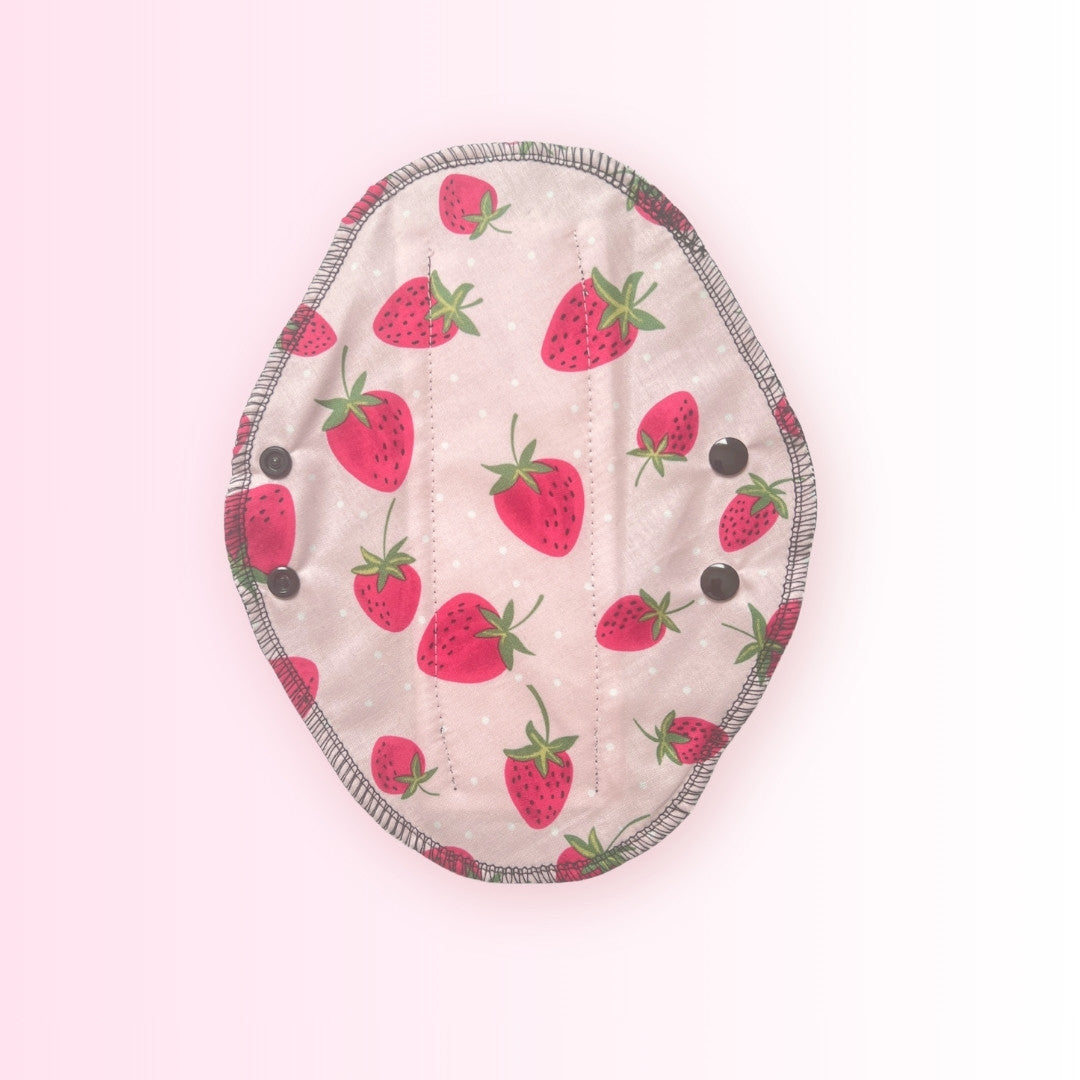  Strawberry print reusable menstrual pad by Hume’s Period Care.