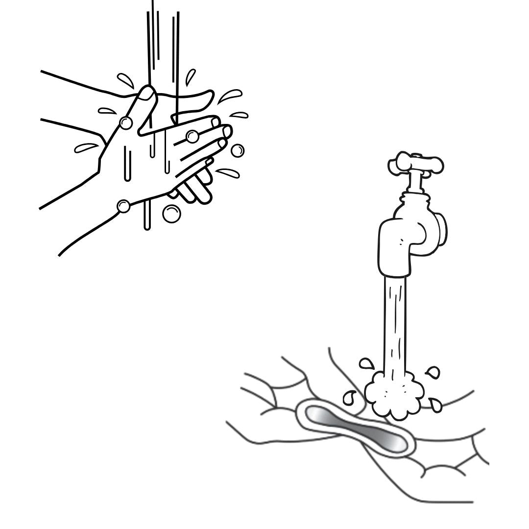 Illustration of handwashing and rinsing a menstrual cup under running water